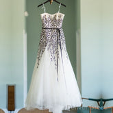 Unique Black Floral Lace Ivory Tulle Strapless A-Line Wedding Dresses,